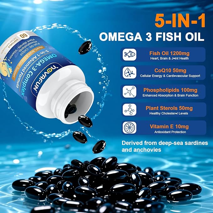Omega 3 Fish Oil Supplements 1200mg - 984mg Omega-3 with CoQ10 Phospholipids &amp Plant Sterols - Heart &amp Brain Support for Men &amp Women - 60 Mini Softgels