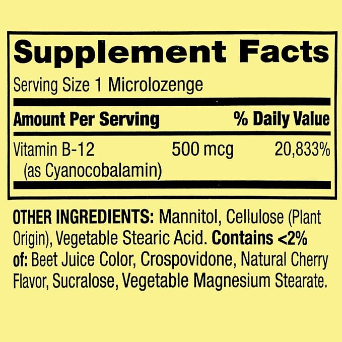 Sublingual B12 500 mcg- Spriing Vallley 500 mg Cherry Flavor - Spriing Valey Sublingual Vitamin B12 Microlozenges 500 Mcg 200 ct (Pack of 2)