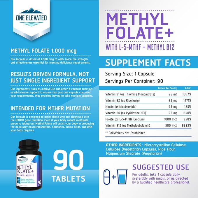 Double Strength &amp Most Bioactive Methyl Folate! Uniquely Formulated with Highest Pharmaceutical Grade Methylcobalamin (B12) Niacin B1 B2 B6. Works Synergistically for Max Results-3 Month Supply
