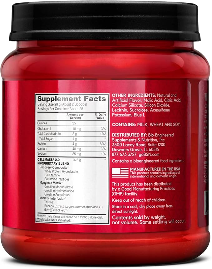 BSN CELLMASS 2.0 Post Workout Recovery with BCAA Creatine &amp Glutamine - Keto Friendly - Blue Raz (25 Servings)