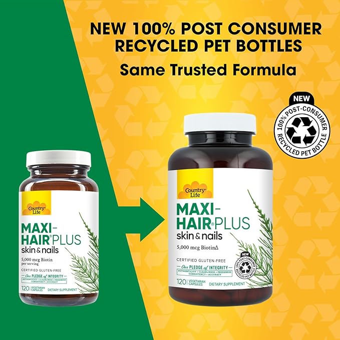 Country Life Maxi-Hair Plus Biotin Supports Healthy Hair Skin and Nails Daily Supplement 120 ct