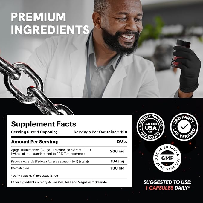 Organic Turkesterone Supplement for Men - Muscle Recovery &amp Growth with Organic Fadogia Agrestis Pterostilbene Ajuga Turkestanica | Complexed Turkesterone Powder | 240 Servings - 2 Packs