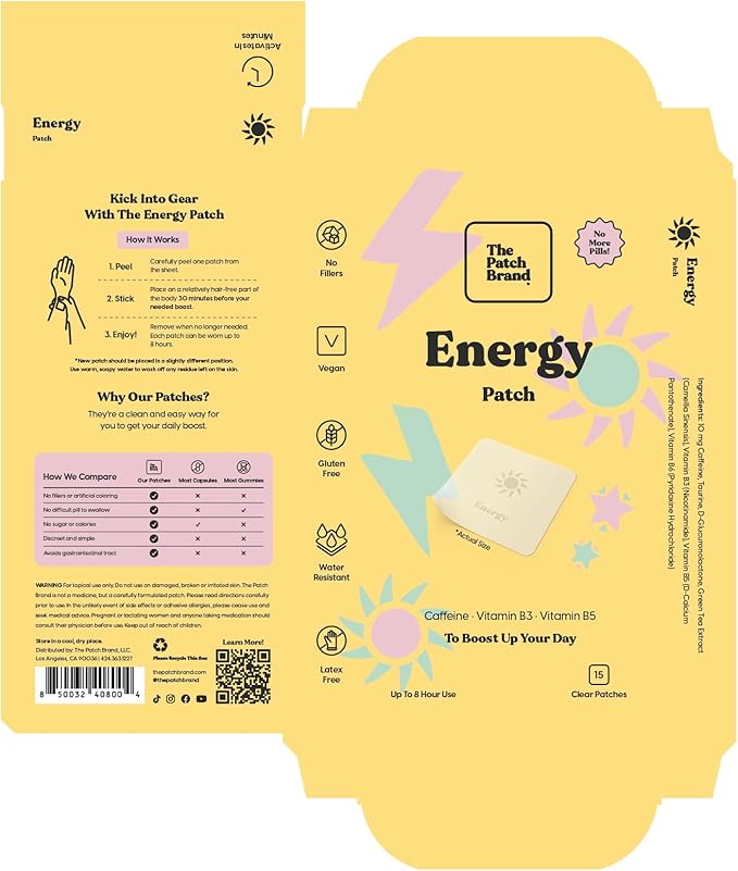 The Patch Brand Energy Patches | Supports Energy with Caffeine and B5 and B3 | All Natural Wellness Patch Plant Based and Cruelty Free Water Resistant Patches that Last All Day