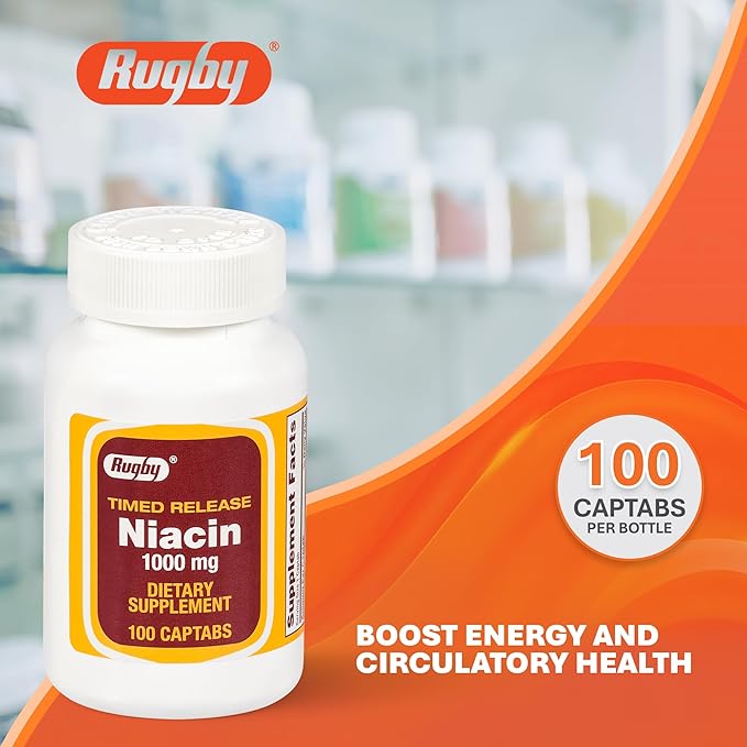 Rugby Timed-Release Niacin 1000mg Dietary Supplement for Adults for Energy Circulation and Metabolism Support 100 Captabs (Pack of 3)