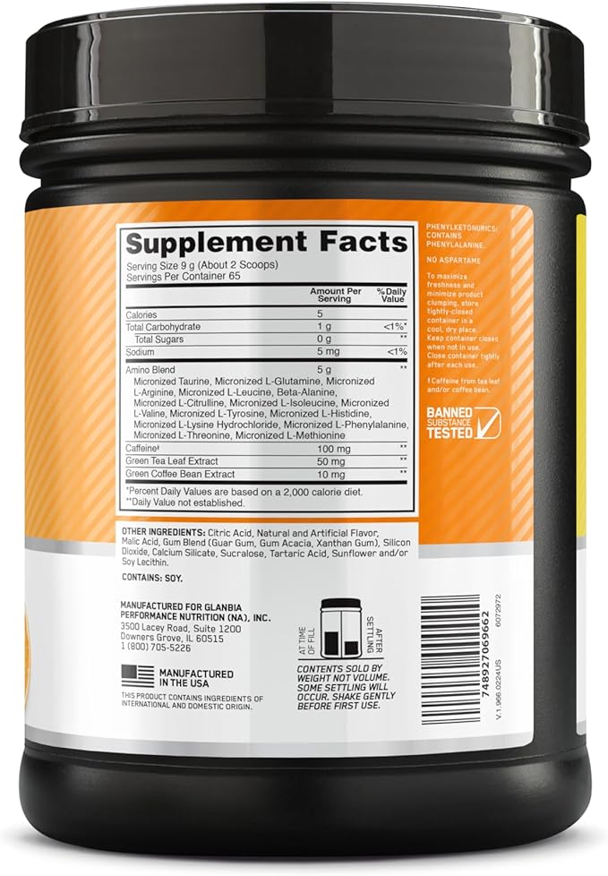 Optimum Nutrition Amino Energy - Pre Workout with Green Tea BCAA Amino Acids Keto Friendly Green Coffee Extract Energy Powder - Citrus Spritz 65 Servings (Packaging May Vary)