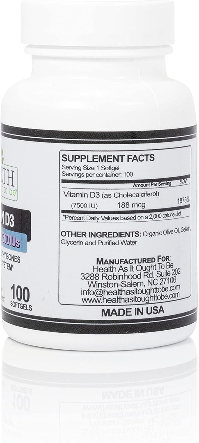 Health As It Ought To Be Vitamin D3 7500 IU Supplement 188mcg – Physician Formulated – Supports Bone &amp Immune Health – 100 Softgels