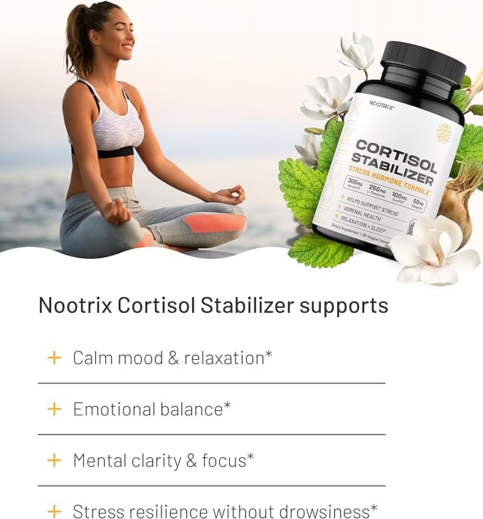 Nootrix Cortisol Manager &amp Stabilizer Supplement | Supports Deep Sleep Relaxation Adrenal Health &amp Stress | 300mg Ashwagandha | L-Theanine Rhodiola Rosea Extract &amp Apigenin | 90 Capsule