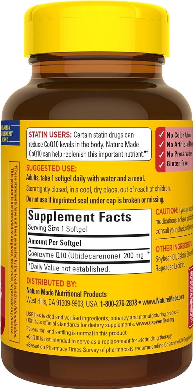 Nature Made CoQ10 200 mg Dietary Supplement for Heart Health and Cellular Energy Production 100 Softgels 100 Day Supply