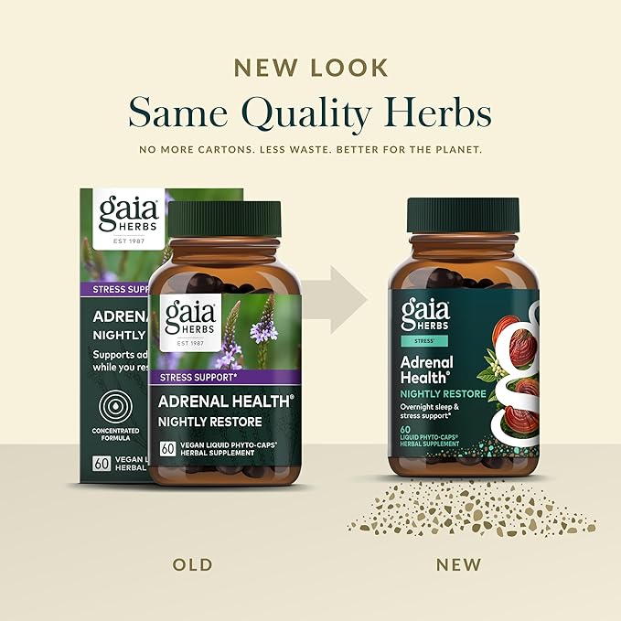Gaia Herbs Adrenal Health Nightly Restore - Herbal Supplement with Ashwagandha Magnolia Bark Cordyceps Lemon Balm &amp More* - 60 Vegan Liquid Phyto-Caps (30 Servings)