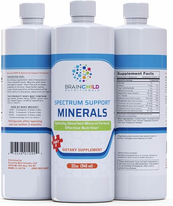 BrainChild Nutritionals Spectrum Support Minerals Liquid Supplement for Autism - Well Absorbed for Kids &amp Adults on the Spectrum Ultra-Colloidal Suspension Casein-Free Unflavored 32oz