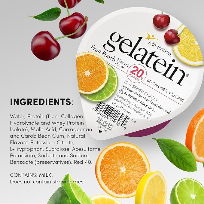 Gelatein Fruit Punch: 20 grams of protein. Sugar free. Ideal for clear liquid diets swallowing difficulties bariatric dialysis and oncology. Great pre or post-workout snack. (36 pack)
