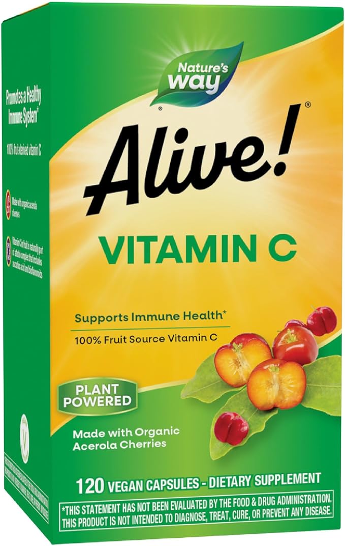 Nature's Way Alive! Vitamin C Supplement Made with Organic Acerola Cherries Immune Support* Antioxidant Support* 100% Fruit Source Vitamin C 120 Capsules (Packaging May Vary)