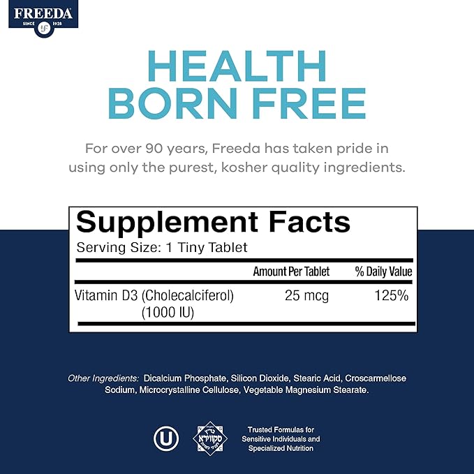 FREEDA Pure Vitamin D3 1000 IU – Daily Maintenance Dose – Bone Health Joint Muscle &amp Immune Support – Vit D3 Vitamin D Supplement for Women &amp Men – 25 mcg 1000 IU Easy-to-Swallow (500 Tiny