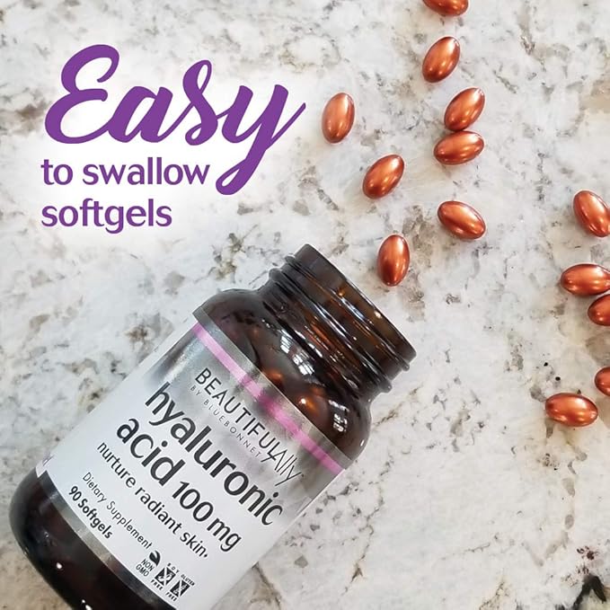 Bluebonnet Nutrition Beautiful Ally Hyaluronic Acid 100mg Nurture Radiant Skin* Non-GMO Gluten-Free Soy-Free 90 Softgels 90 Servings