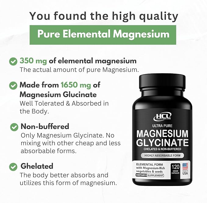Pure Magnesium Glycinate Capsules - Non-Buffered 350mg Elemental Magnesium Supplement - Chelated High Absorption &amp Purity Magnesium Complex - Made in USA
