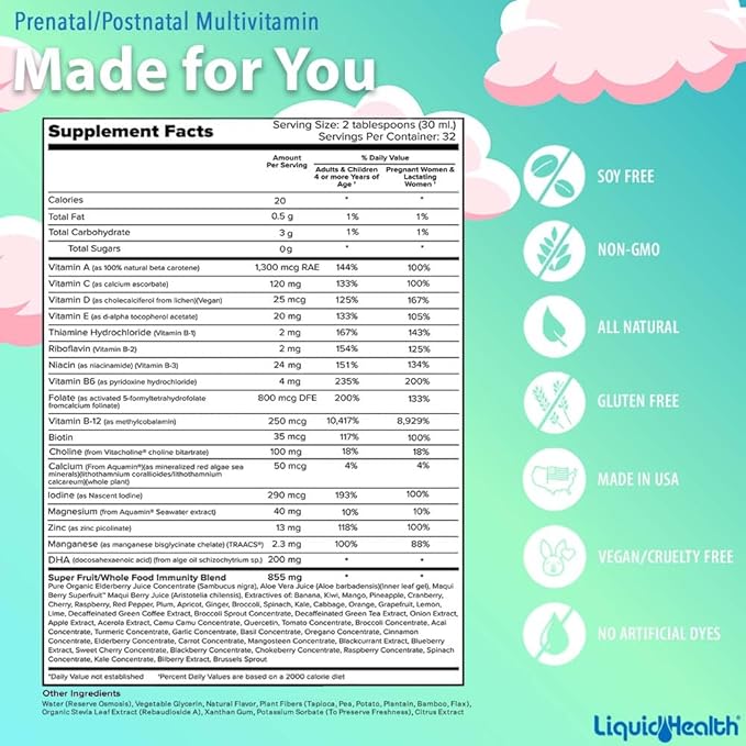 LIQUIDHEALTH Prenatal/Postnatal Multiple Liquid Women's Multivitamin with Real Folate - Pre &amp Postnatal Vitamins for Before During After Pregnancy - Made in USA Vegan Sugar-Free Non-GMO (32 o