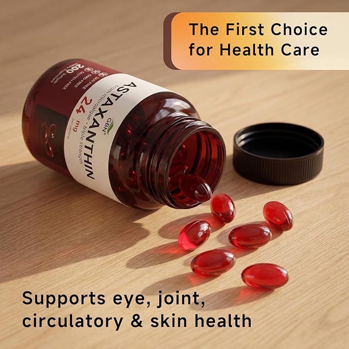 GBN Astaxanthin Supplements 24mg 200 Softgels Supports Eye Skin Joint Brain Heart &amp Immune System Health Stamina &amp Healthy Aging for Women &amp Men Fresh Microalgae Source