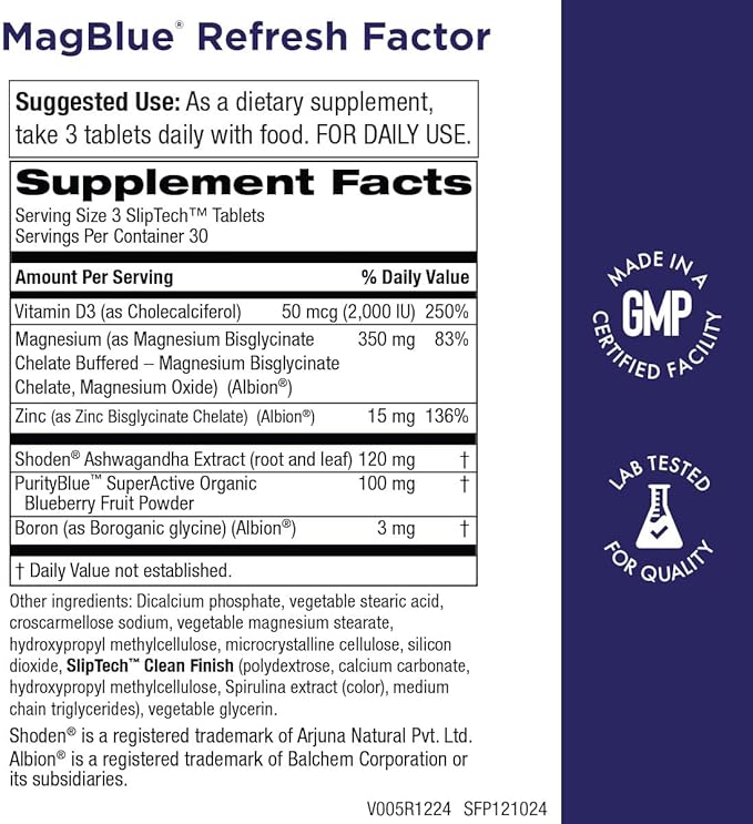 Purity Products MagBlue Refresh Factor Super Boost - Magnesium Bisglycinate Shoden Ashwagandha Vitamin D3 Zinc and Boron - 90 Tablets