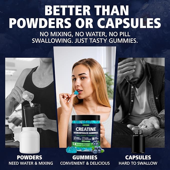 Creatine Gummies for Women &amp Men Creatine Monohydrate Gummies Supplement Pre-Workout Support with Taurine &amp Vitamin B12 Blueberry Flavor Chewable Creatine Gummy 120 Count