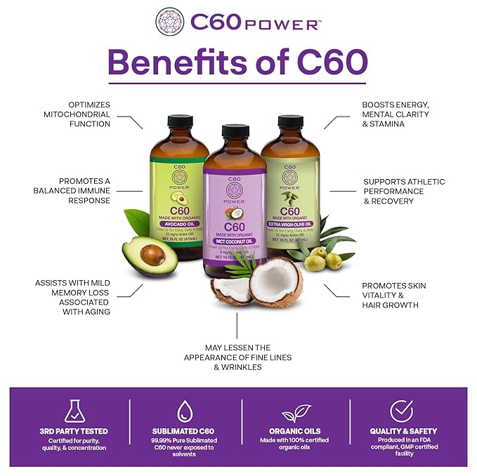 C60 Power C60 in Organic MCT Coconut Oil - Natural Wellness &amp Antioxidant Support for Men &amp Women 99.99% Pure Carbon Fullerenes Promotes Energy Mental Clarity &amp Stamina - 8 fl oz Bottl