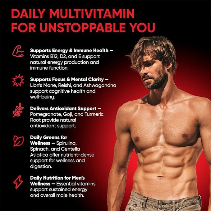 Daily Multivitamin for Men Energy Focus &amp Immunity Support Ashwagandha Lion’s Mane &amp Reishi 60 Capsules