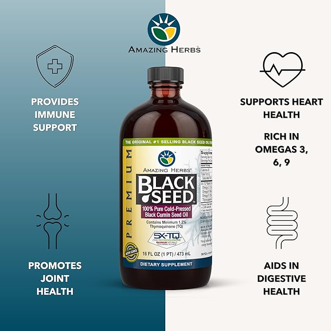 Amazing Herbs Premium Black Seed Oil - Gluten Free Non GMO Cold Pressed Nigella Sativa Aids in Digestive Health Immune Support Brain Function Joint Mobility - 16 Fl Oz (Pack of 2)