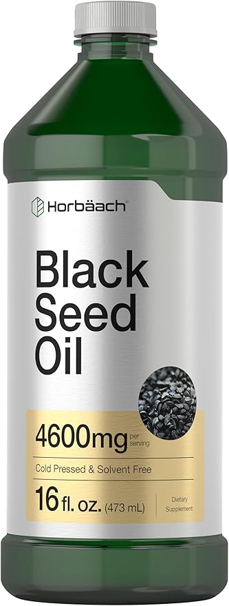 Horbäach Black Seed Oil Liquid | 16oz | 4600mg | Cold Pressed Nigella Sativa Supplement | with Omega 6 &amp 9 | Vegetarian Non-GMO Gluten Free and Solvent Free Formula