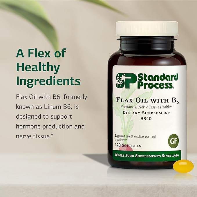 Standard Process Flax Oil with B6 - Supplement for Hormone &amp Nerve Tissue Support - Supports Brain Heart &amp Skin Skin - Gluten-Free Non-Dairy &amp Non-Soy - 120 Softgels (120 Servings)