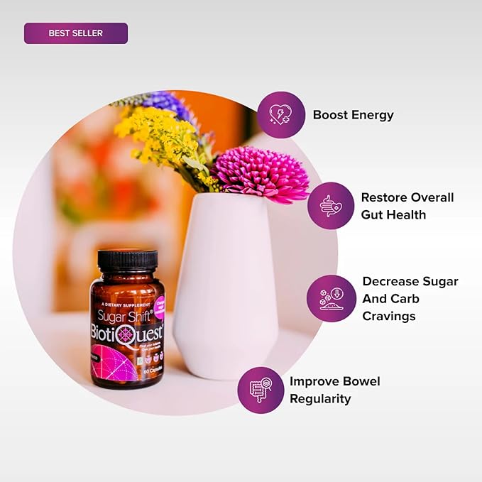 BiotiQuest Sugar Shift Probiotic | Helps Decrease Sugar &amp Carb Cravings and Supports Digestive Balance | 22 Billion CFU | Non-GMO Gluten-Free &amp Vegan | 60 Servings