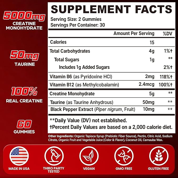Creatine Monohydrate Gummies for Women &amp Men Creatine with Taurine &amp B6 Chewable Creatina Pre Workout Gummies for Max Strength &amp Muscle Growth Energy Endurance Creatine for Men &amp