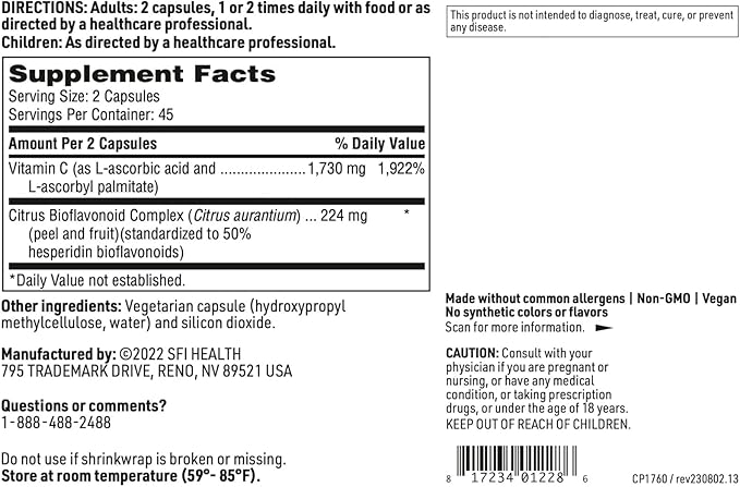 Klaire Labs SFI Health C Plus with Bioflavonoids - Optimal Vitamin C Blend with Citrus Bioflavonoid Complex (90 Capsules)