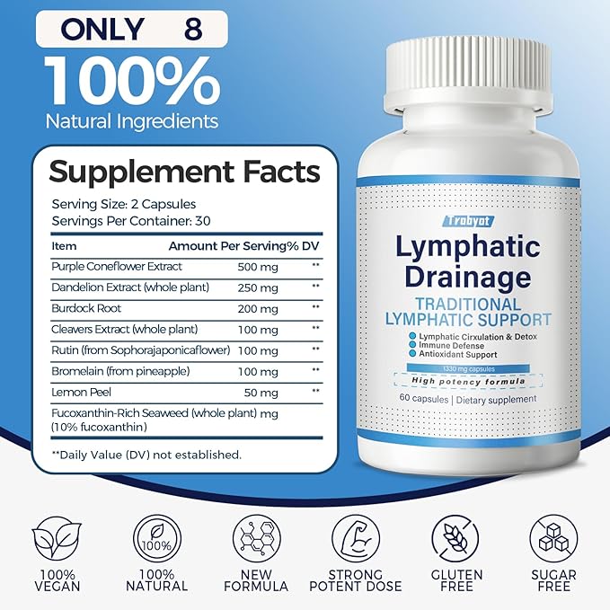 Lymphatic Drainage Capsules 60 Capsules New Maximum Potency Formula 2 Month Supply with Dandelion Extract Cleavers Extract - Supports Cellulite Reduction Lymphatic Drainage &amp Immune Health