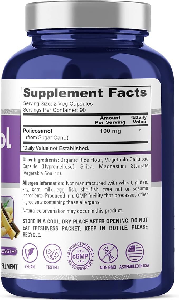 NusaPure Policosanol 100mg 180 Veggie Capsules (Vegan Non-GMO)