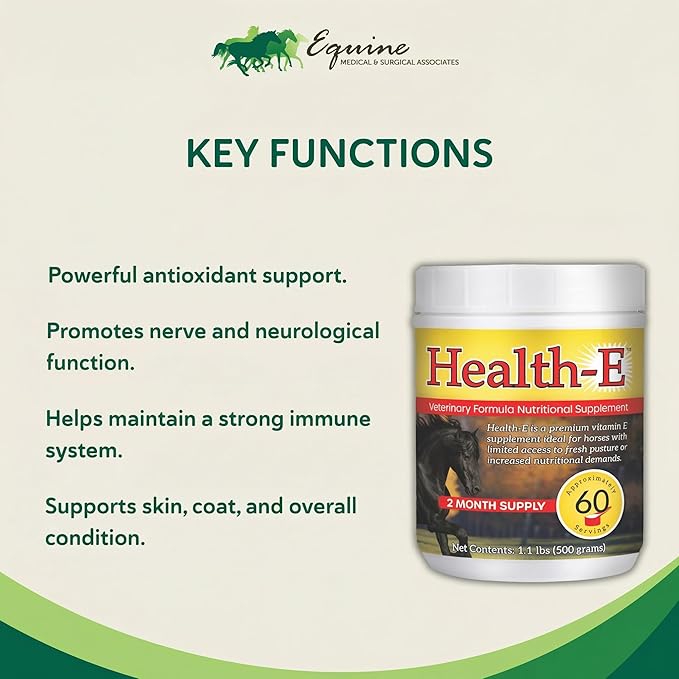 Vitamin E Supplement for Horses High-Potency dl-Alpha Tocopherol Powder Supports Immune Muscle Skin and Nerve Wellness Low Sugar Starch and Fructans (60 Servings)
