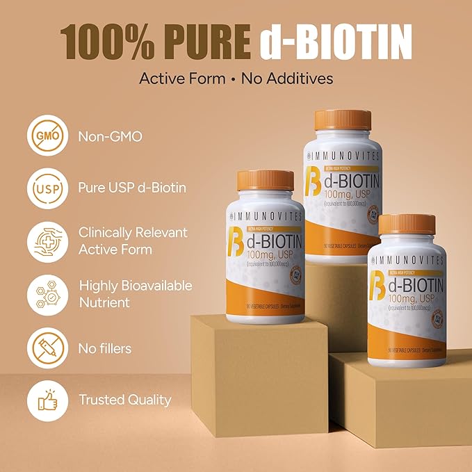 IMMUNOVITES High Dose Biotin (as d-Biotin USP) 100mg (Equivalent to 100000mcg) 90 Capsules High Potency
