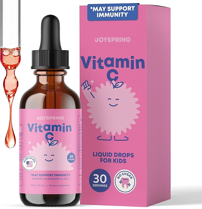 JoySpring Vitamin C and Zinc for Kids Elderberry Liquid Supplement | Alcohol-Free Toddler Vitamin C | 3+ Years | (2 fl oz) 30 Servings