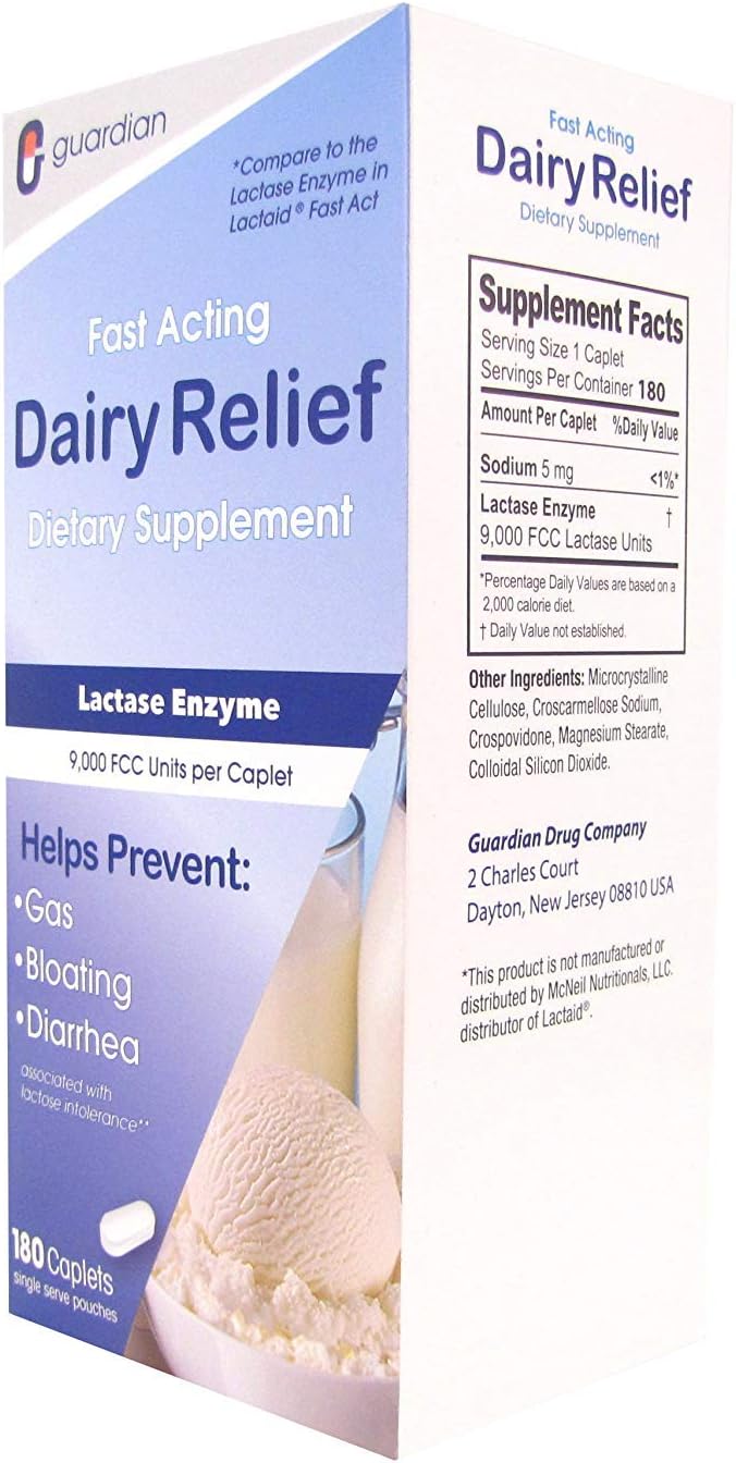 guardian Dairy Relief Fast Acting Lactase 180 Caplets 9000 FCC Maximum Strength Lactose Intolerance Pills Lactase Enzyme (180 CT)