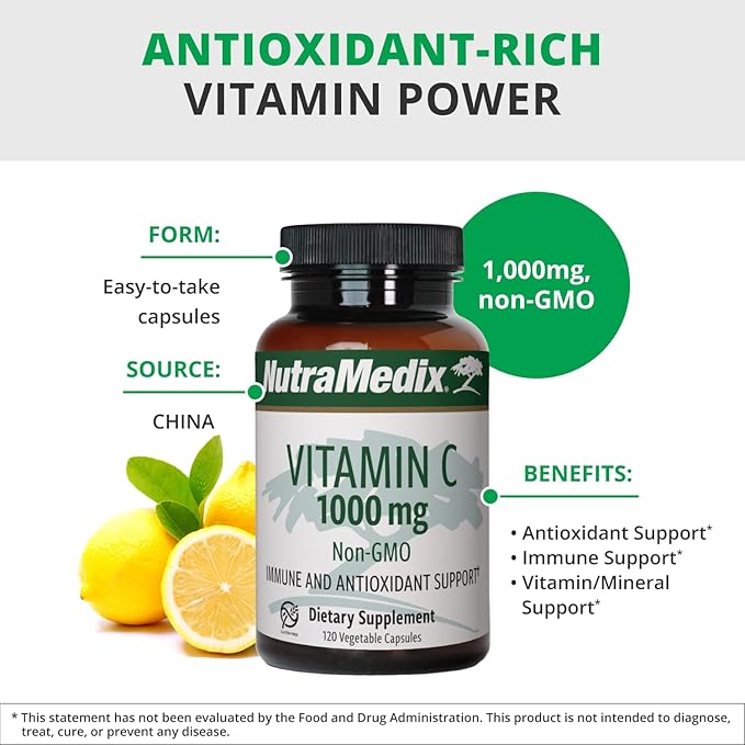 NutraMedix Vitamin C 1000mg - Antioxidants Supplement for Immune Support &amp Heart Health - Vitamin C from Ascorbic Acid - Vegan Non-GMO (120 Vegetarian Capsules)