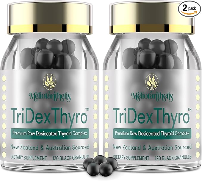Thyroid Supplement – TriDexThyro™ Raw Desiccated Thyroid Complex 375 mg with Bovine Porcine &amp Ovine –120 Capsules for Women and Men（2 Pack）
