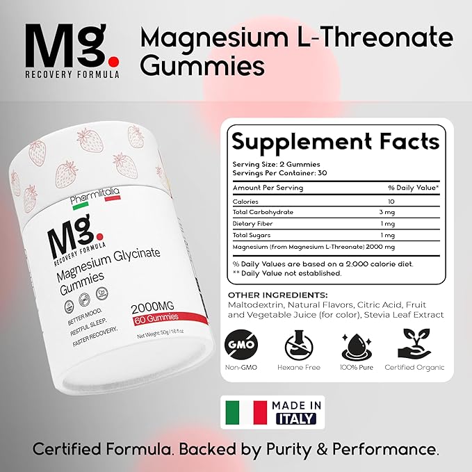 Magnesium L-Threonate Gummies for Adults &amp Kids 2000mg – Brain Supplements for Memory and Focus - Calm Magnesium Gummies for Improved Sleep and Healthy Mind - 60 Count (Strawberry)