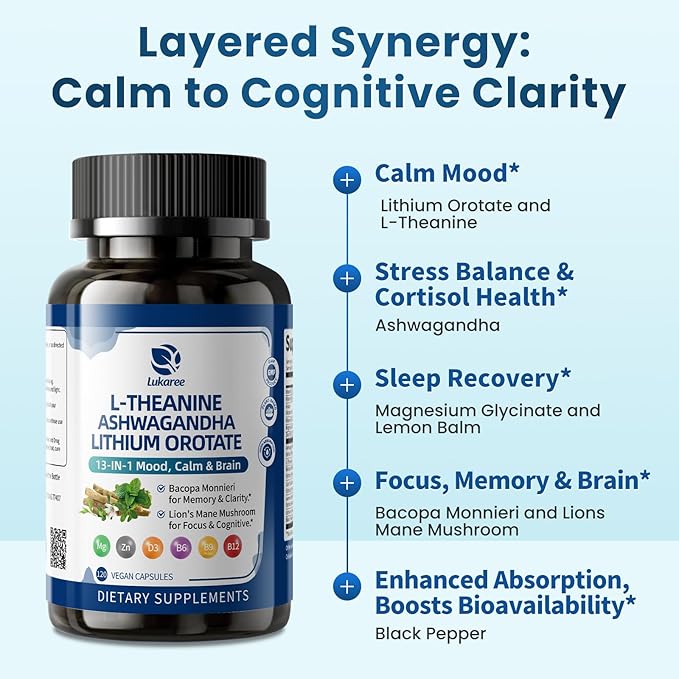 Lithium Orotate 5/10mg L-Theanine 200mg Ashwagandha 300mg - Mood Focus Memory Brain Supplements with Bacopa Monnieri Lion’s Mane Magnesium Zinc D3 B6 Folate B12 - 120 Vegan Capsules 2 Months