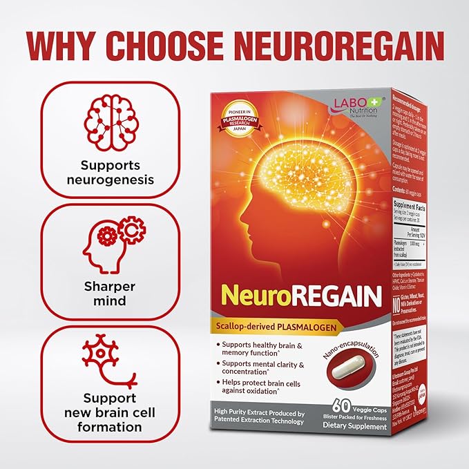LABO Nutrition NeuroREGAIN - Scallop-derived PLASMALOGEN for Brain Deterioration Memory Alertness Learning Concentration and Other Cognitive Functions – Suitable for Seniors Adult Men &amp Women
