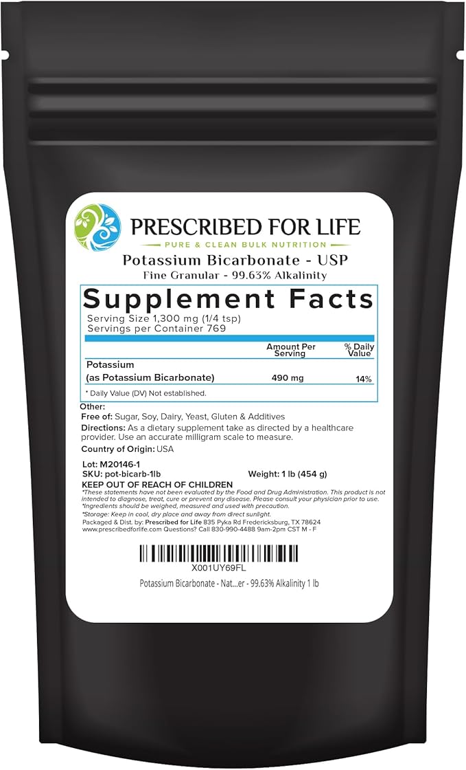 Prescribed for Life Potassium Bicarbonate Powder Pure USP &amp Food Grade Potassium Bicarbonate for Plants Winemaking &amp Baking Crystalline Powder 39% K (1lb)