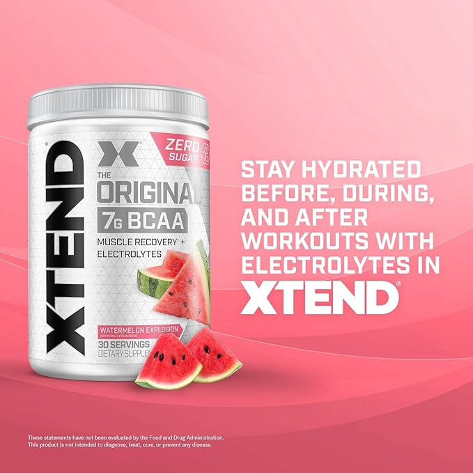 Xtend Original BCAA Powder 7g BCAAs and 2.5g L-Glutamine for Muscle Recovery Hydration and Lean Muscle Sugar Free Intra and Post Workout Drink with Electrolytes Watermelon Explosion 30 Servings
