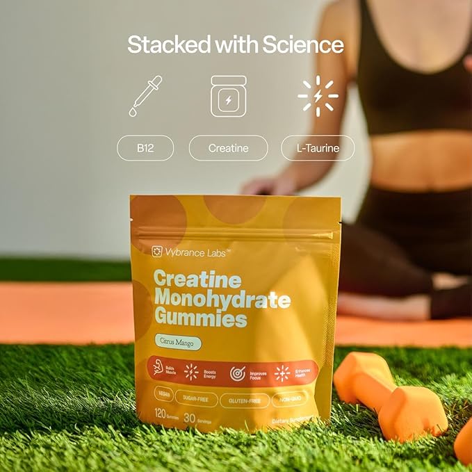 VYBRANCE LABS 3-in-1 Creatine Monohydrate Gummies | 5g Creatine + Taurine + Vitamin B12 | Muscle Strength Brain Energy &amp Focus | Sugar-Free Vegan | Men &amp Women | Citrus Mango