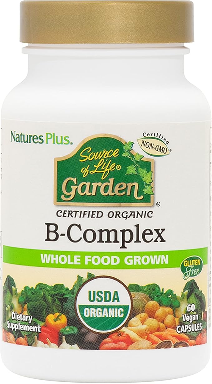 NaturesPlus Source of Life Garden B-Complex - 60 Capsules - Complete Vitamin B Supplement - USDA Organic Non-GMO Vegan Gluten Free - 30 Servings