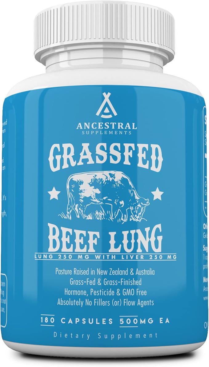 Ancestral Supplements Grass Fed Beef Lung Supplement with Liver 500mg Lung and Liver Supplement Supports Lung Respiratory Vascular and Circulatory Health Non-GMO 180 Capsules