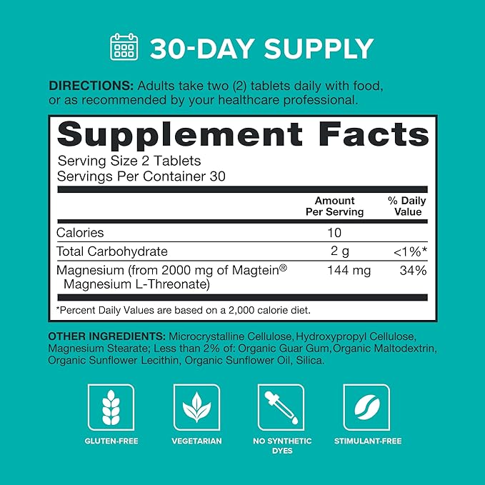 Qunol Q-Mag Magnesium L-Threonate Tablets 2000mg of Magtein to Help Support Cognitive Performance Improve Mental Alertness &amp Productivity Supports Restful Sleep High Absorption 60 Count