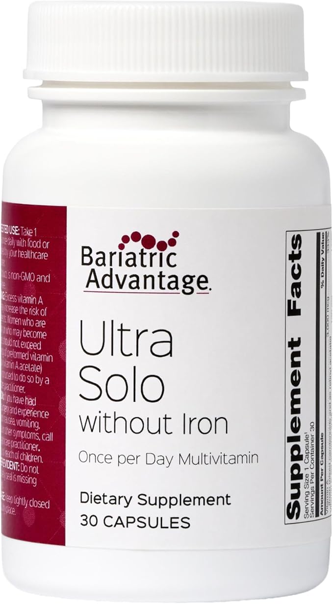 Bariatric Advantage Ultra Solo Without Iron - Once-Per-Day Daily Multivitamin - for Bariatric Patients - with Thiamin Vitamin A &amp More - Gluten Free - 30 Capsules