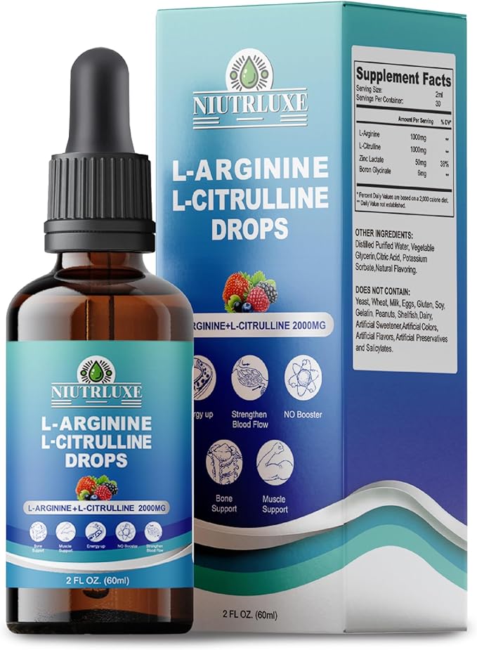 L-Arginine L-Citrulline Drops Liquid L-Arginine for Men with Boron and Zinc High Absorption L-Arginine L-Citrulline Supplements Sublingual Liquid L-Arginine 1000 mgVegan Non GMO 60ml